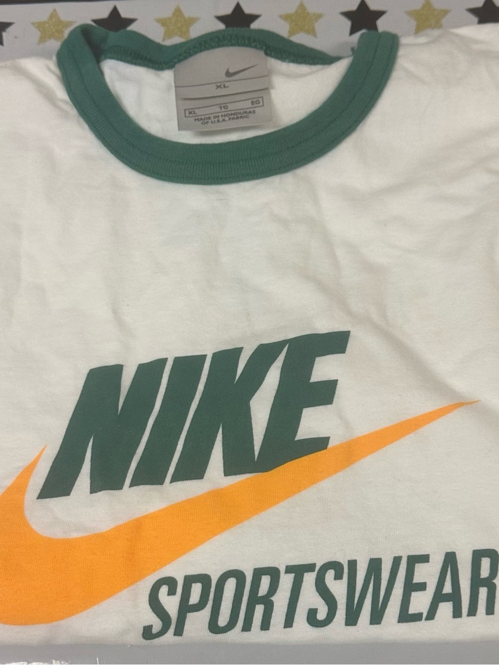 Nike White Tee with Green Logo and Orange Swoosh Accent